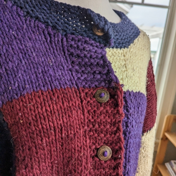 Vintage 90s Chunky Knit Purple Patchwork Ecuadorian Cardigan Sweater XL Rey Wear - Picture 4 of 6